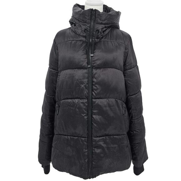 Sam Edelman Womans size L Hooded Funnel Neck Black Puffer Coat Zip Front Closure - Picture 1 of 9